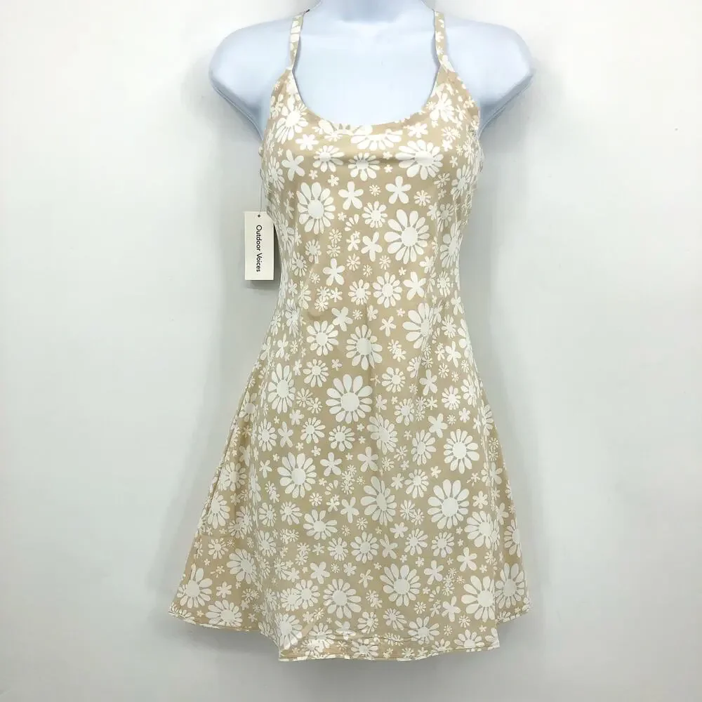 OUTDOOR VOICES Women's The Exercise Dress Medium Tan White Floral Athletic NWT